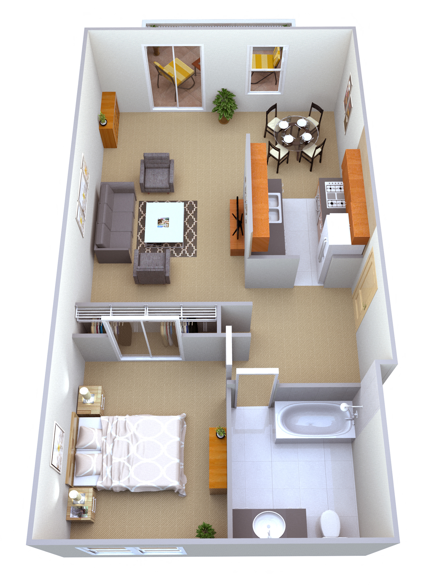 Floor plan for 1 bed, 1 bath, 768 sqft